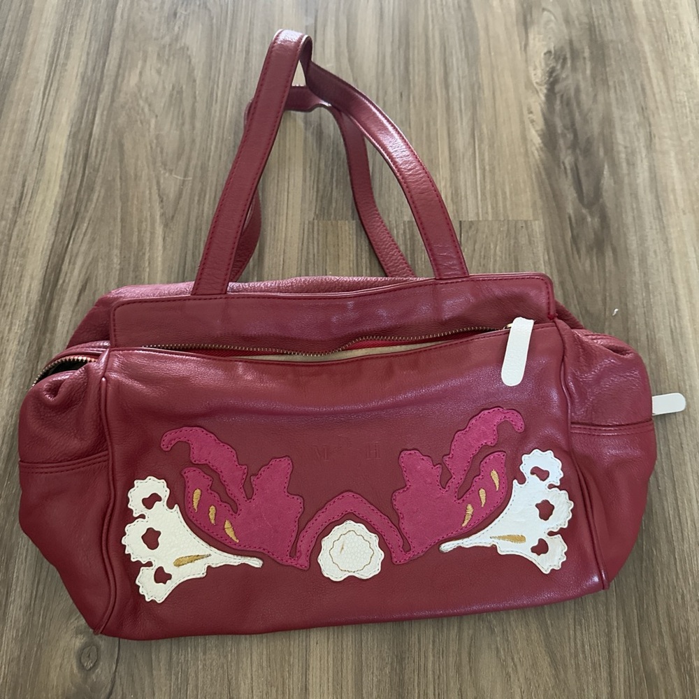 Red and Pink Leather Mario Hernandez Shoulder Bag with Decorative Accents